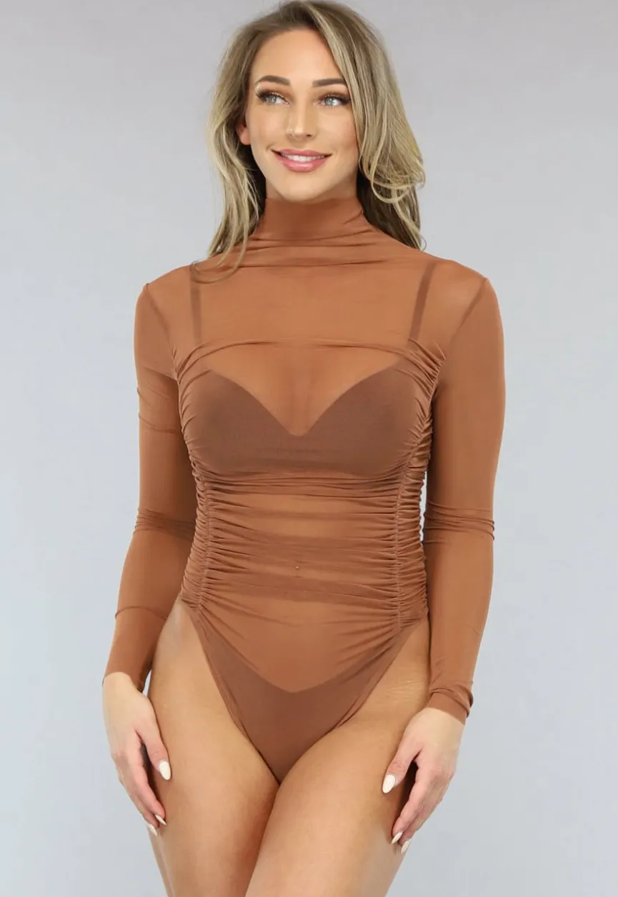 Camel Mesh Bodysuit met Plooitjes
