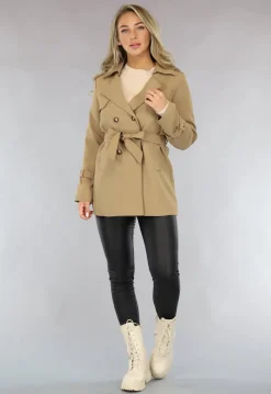 Camel Trenchcoat met Ceintuur en Knoopsluiting