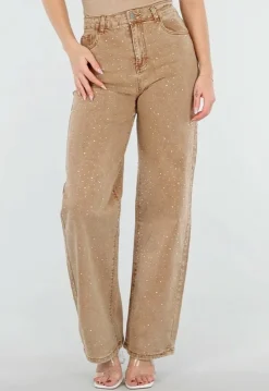 Camel Wide Leg Jeans met Strass en Hoge Taille