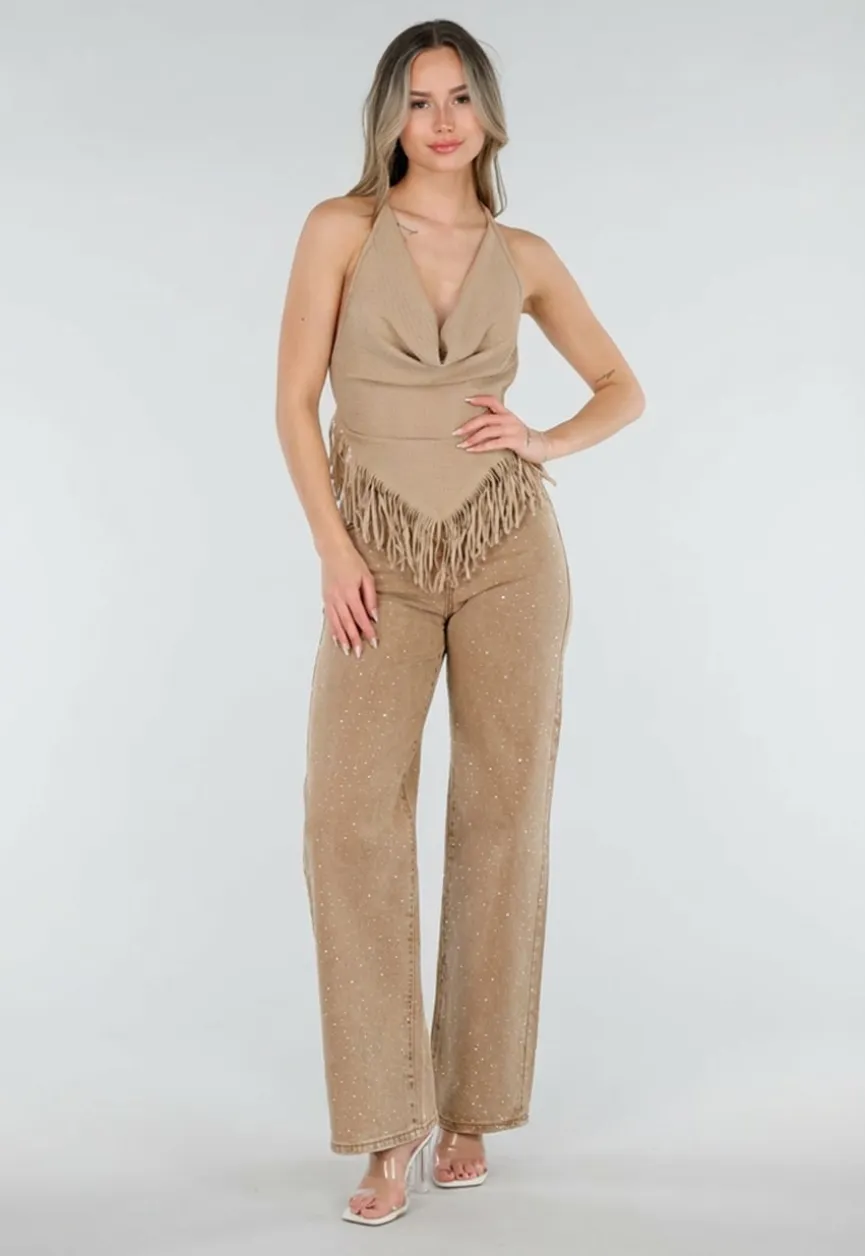 Camel Wide Leg Jeans met Strass en Hoge Taille