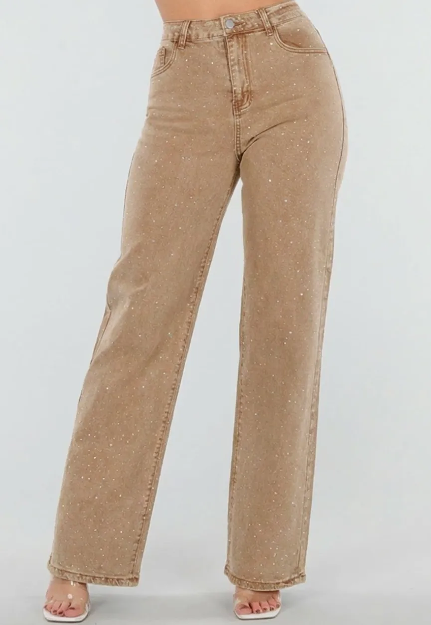 Camel Wide Leg Jeans met Strass en Hoge Taille