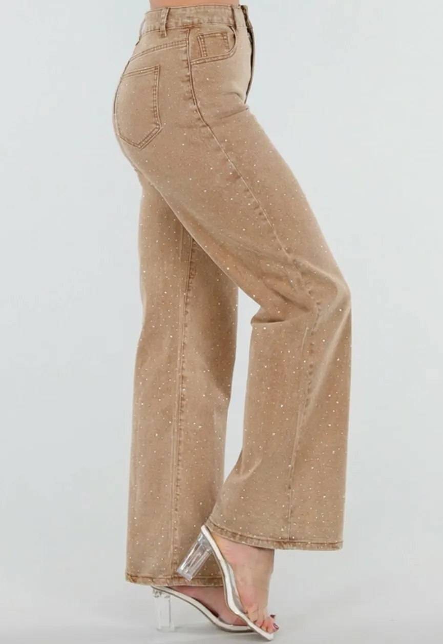 Camel Wide Leg Jeans met Strass en Hoge Taille