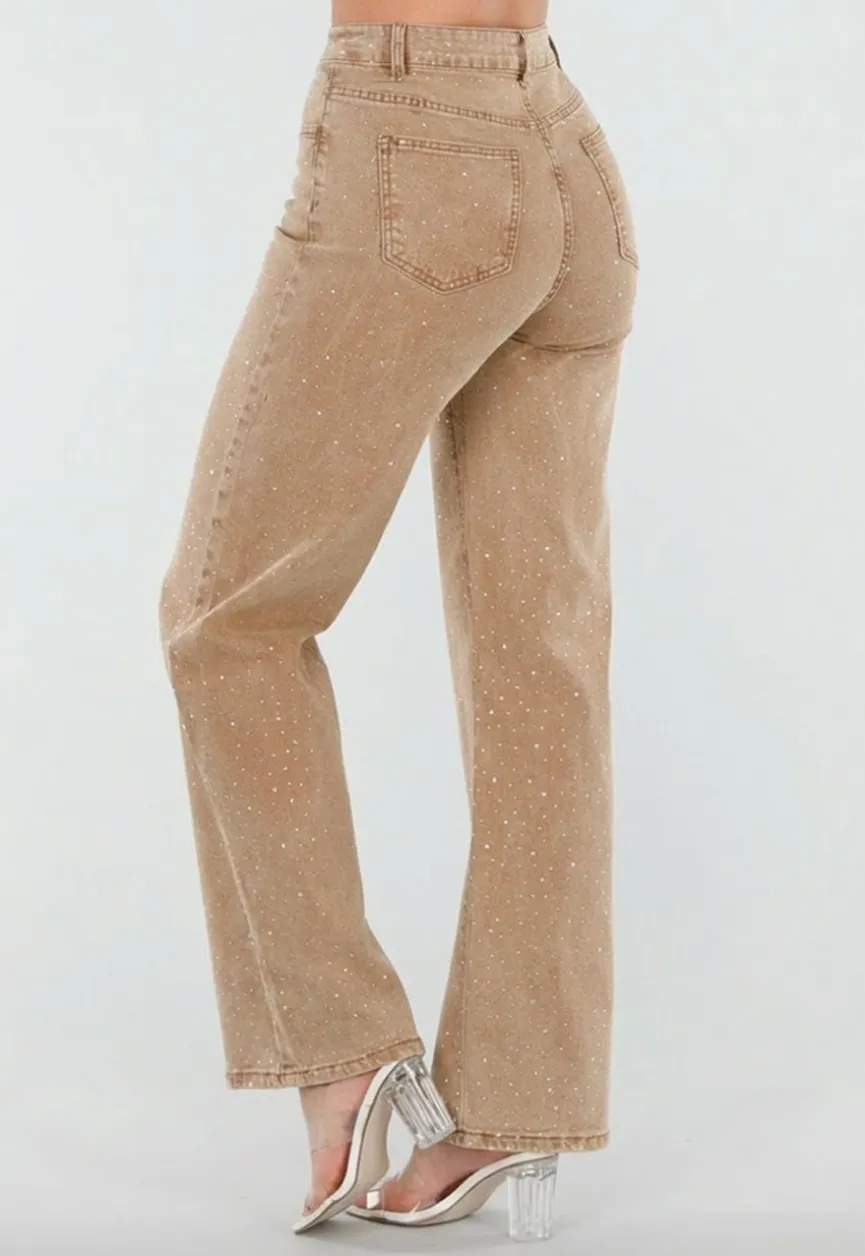 Camel Wide Leg Jeans met Strass en Hoge Taille