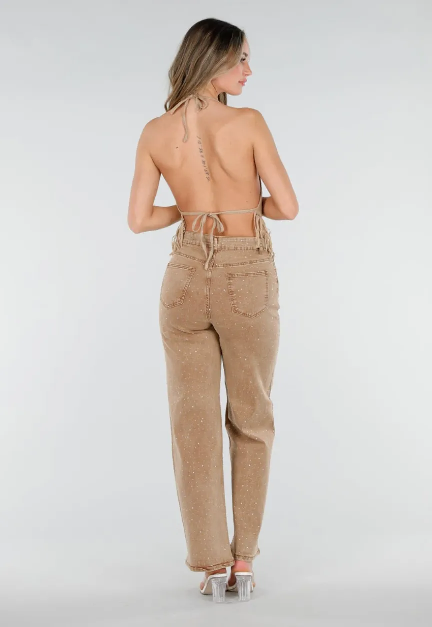 Camel Wide Leg Jeans met Strass en Hoge Taille
