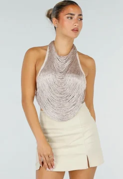 Champagne Halter Fringe Top met Verstelbare Rugsluiting