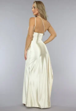 Champagnekleurige Satijnen One Shoulder Jurk met Hoge Split