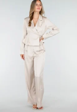 Champagnekleurige Satijnen Pantalon met Hoge Taille en Losse Pijpen
