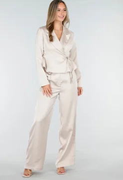 Champagnekleurige Satijnen Pantalon met Hoge Taille en Losse Pijpen