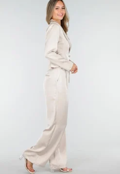 Champagnekleurige Satijnen Pantalon met Hoge Taille en Losse Pijpen