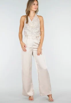 Champagnekleurige Satijnen Pantalon met Hoge Taille en Losse Pijpen