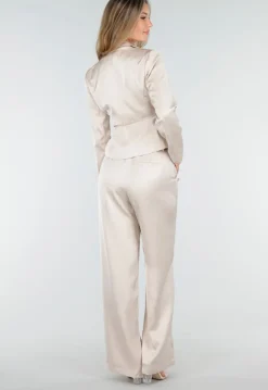 Champagnekleurige Satijnlook Wrap Blazer met Strik