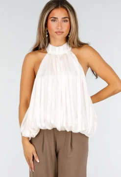 Champagne Plissé Halter Top met Hoge Hals en Open Rug