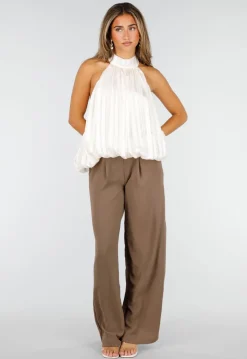 Champagne Plissé Halter Top met Hoge Hals en Open Rug
