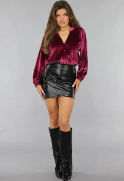 Cherry Roze Velvet Blouse met Pofmouwen