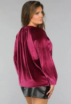 Cherry Roze Velvet Blouse met Pofmouwen