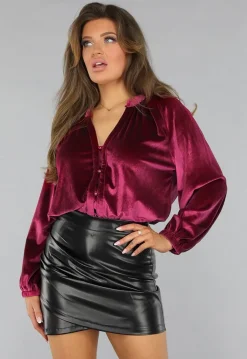 Cherry Roze Velvet Blouse met Pofmouwen
