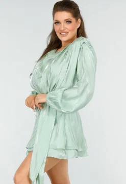 Chique Mintgroene Jurk met Strik en Pofmouwen