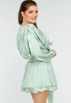 Chique Mintgroene Jurk met Strik en Pofmouwen