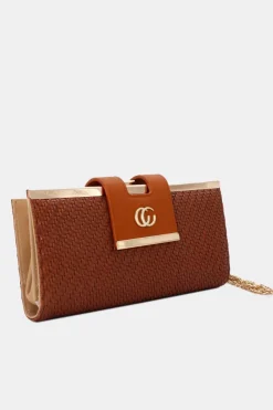 Cognackleurige Gevlochten Clutch van Imitatieleer met Gouden Schouderketting