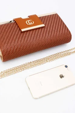 Cognackleurige Gevlochten Clutch van Imitatieleer met Gouden Schouderketting