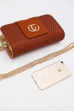 Cognackleurige Gevlochten Clutch met Gouden Schouderketting