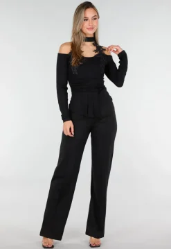 Cold Shoulder Peplum Top met Choker Zwart