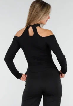 Cold Shoulder Peplum Top met Choker Zwart