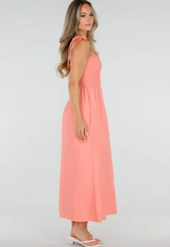 Coral Roze Maxi Jurk met Smock en Strikbandjes
