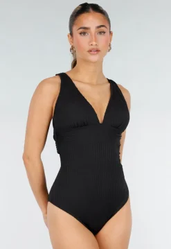 Corrigerend Badpak Zwart met Rib Structuur en Padding