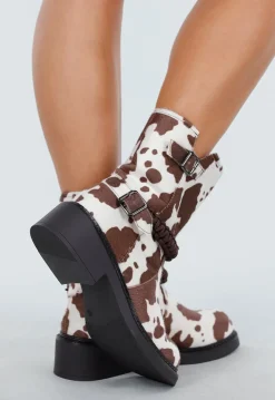 Cowprint Enkellaarsjes met Vlechtband en Blokhak