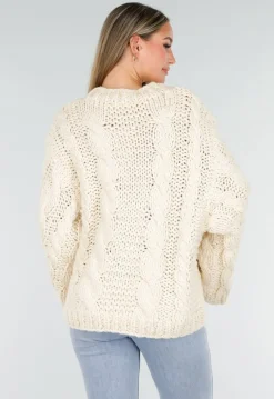 Cream Oversized Grofgebreide Kabeltrui met Lange Mouwen