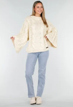 Cream Oversized Grofgebreide Kabeltrui met Lange Mouwen