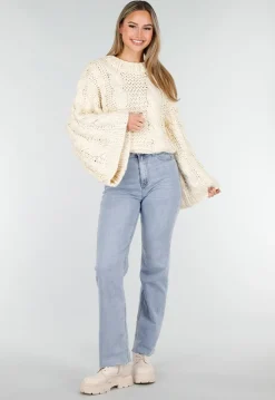 Cream Oversized Grofgebreide Kabeltrui met Lange Mouwen