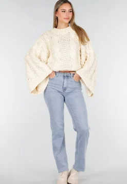 Cream Oversized Grofgebreide Kabeltrui met Lange Mouwen