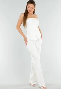 Cream Strapless Getailleerde Gilettop met Knopen