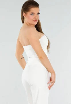 Cream Strapless Getailleerde Gilettop met Knopen