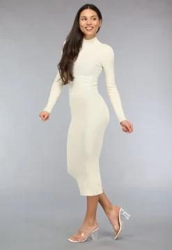 Crème Rib Bodycon Midi Jurk met Lange Mouwen