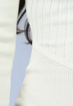 Crème Rib Bodycon Midi Jurk met Lange Mouwen