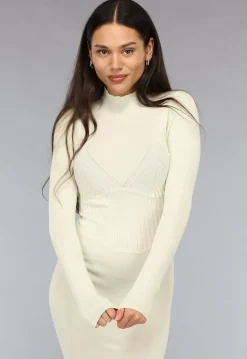 Crème Rib Bodycon Midi Jurk met Lange Mouwen