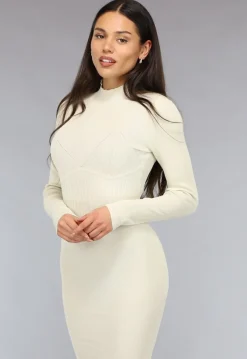 Crème Rib Bodycon Midi Jurk met Lange Mouwen