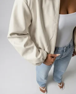 Crème Cropped Bomberjack met Ritssluiting en Ballonmouwen