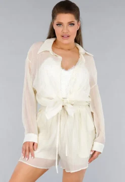 Crème 2-Delig Set met Doorschijnende Blouse en Elastische Short