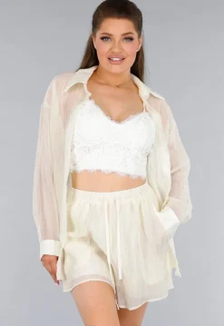 Crème 2-Delig Set met Doorschijnende Blouse en Elastische Short