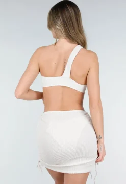 Crème Driedelige Bikini Set met Verstelbaar Rokje