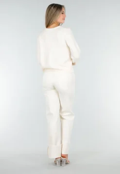 Crème Gebreid Vest met Knoopsluiting en Lange Mouwen