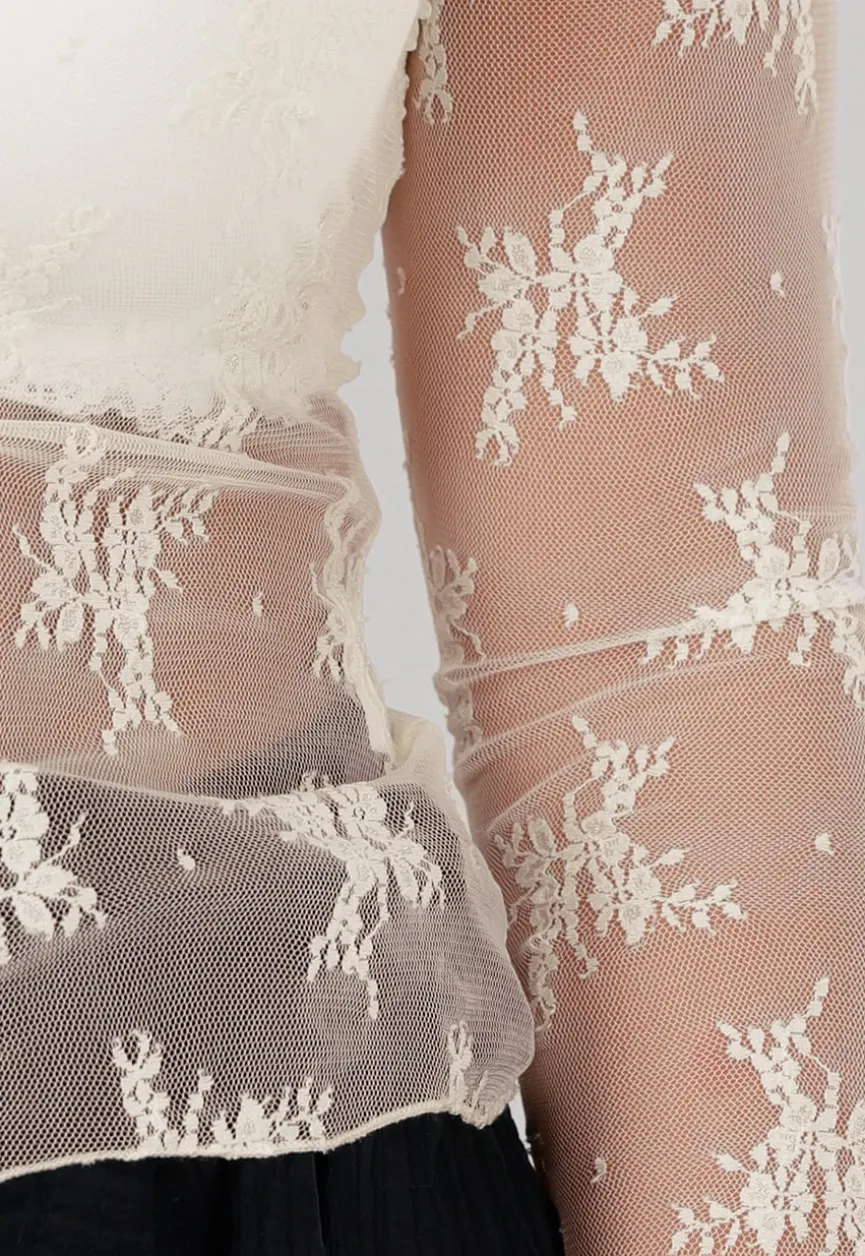 Crème Kanten Mesh Top met Bloemenprint en Stretch