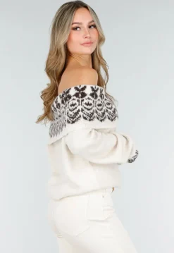 Crèmekleurige Off Shoulder Wollen Stretch Trui met Bruin Patroon