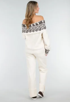 Crèmekleurige Off Shoulder Wollen Stretch Trui met Bruin Patroon