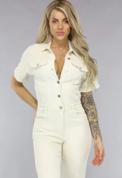 Crème Kleurige Straight Leg Denim Jumpsuit met Korte Mouwen