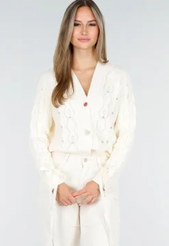 Crèmekleurig Gebreid Vest met Parel en Strikdetails